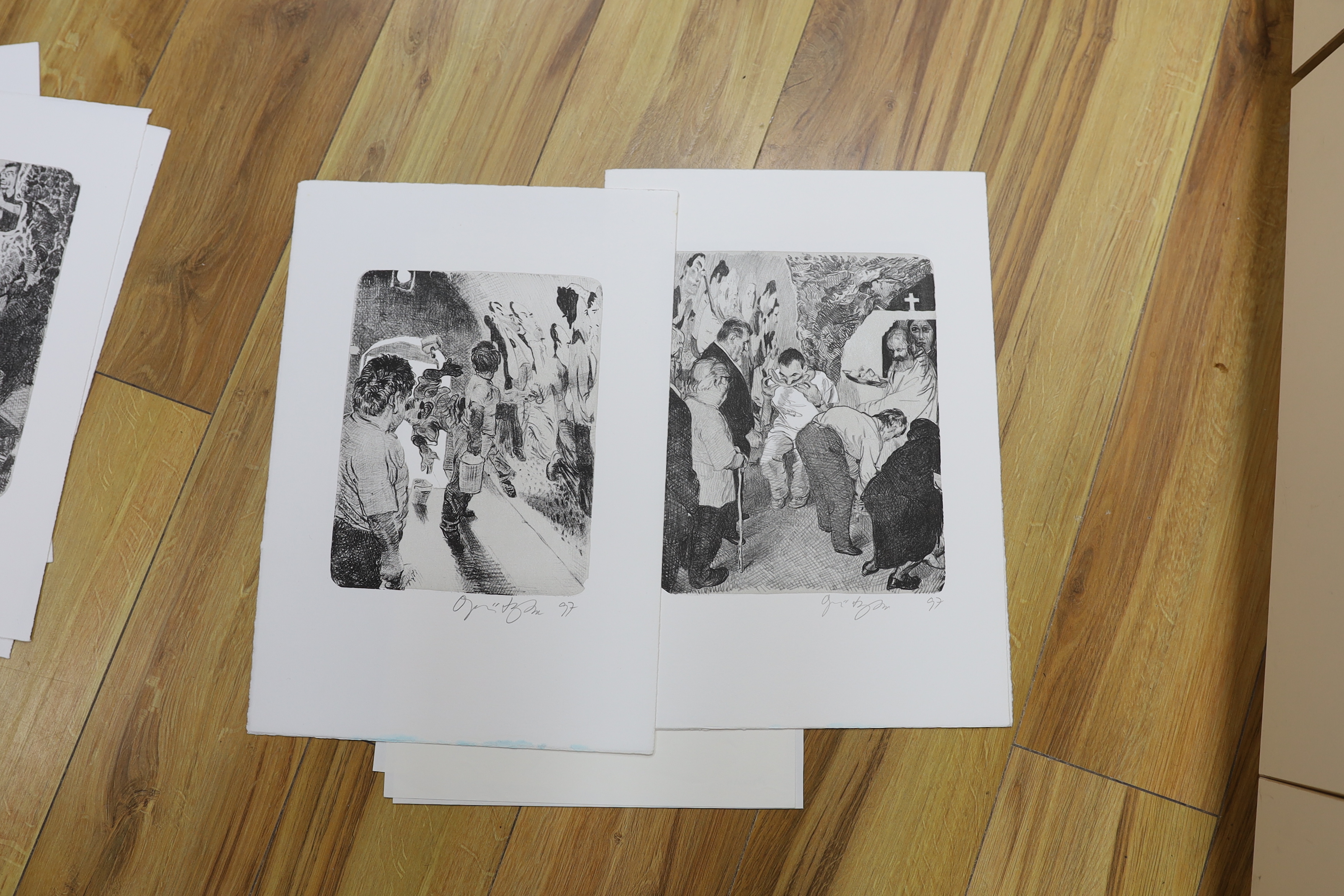 Johannes Grutzke (1937-2017), set of six German Expressionist chalk lithographs, ‘The Artists Cathedral’, each signed and dated ‘97, each 42 x 29cm, unframed